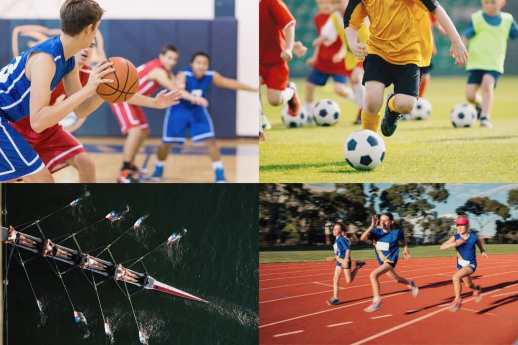Collage verschiedener Jugendsportarten wie Basketball, Fußball, Rudern und Leichtathletik