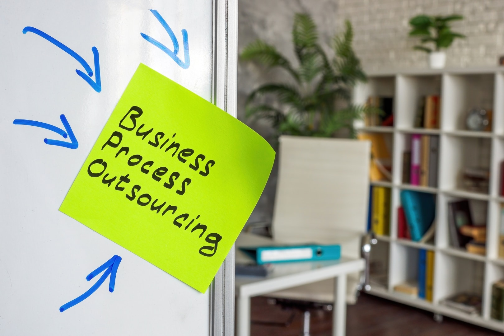 Hinweiszettel mit der Aufschrift Business Process Outsourcing an einem Whiteboard im Büro