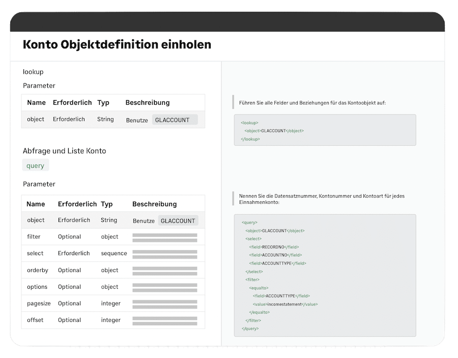 Seite mit API-Objektdefinition und Parametertabellen für Kontodaten
