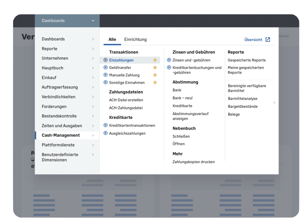 Cash Management Dashboard: Navigationsmenü für Cash-Management und Transaktionen