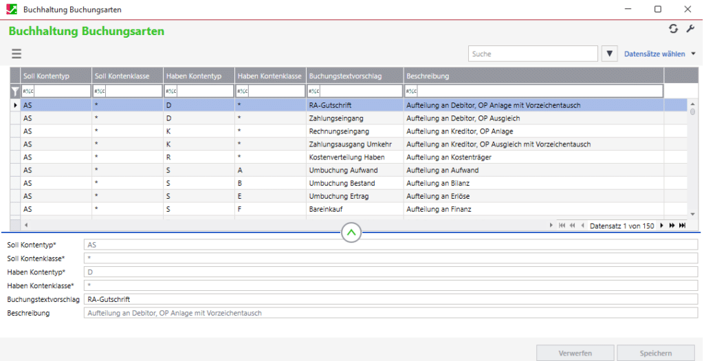 Screenshot von Buchhaltung und Buchungsarten