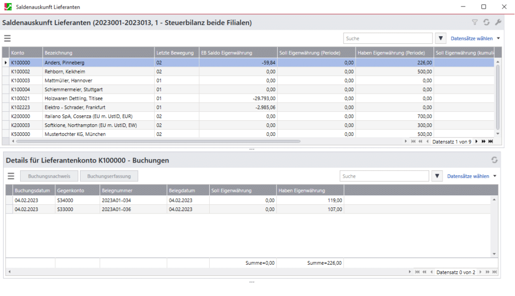 Screenshot der Saldenauskunft
