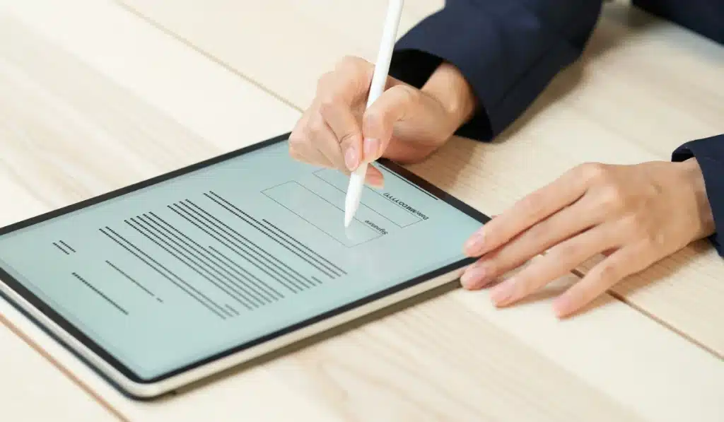 Nachhaltigkeit: Person unterschreibt digitales Dokument mit Stylus auf Tablet